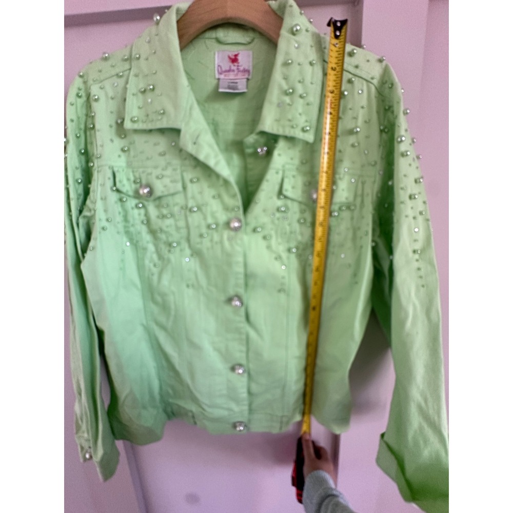 Quacker Factory Lime Green Pearl Rhinestone Denim Jacket Womens Large Neon lime - Picture 6 of 8